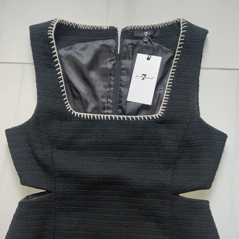 NWT 7 For All Mankind Black Tweed Dress with White Stitching and Cutouts Size S - Picture 3 of 6